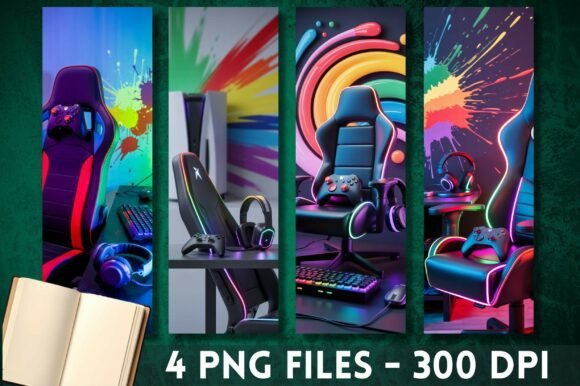 Gaming Chair Setup Neon RGB Bookmark: Graphics & Print Templates