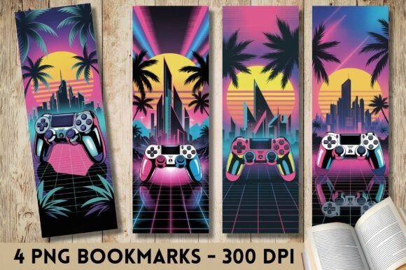 Retro Sunset Gaming City Bookmarks: Graphics & Print Templates
